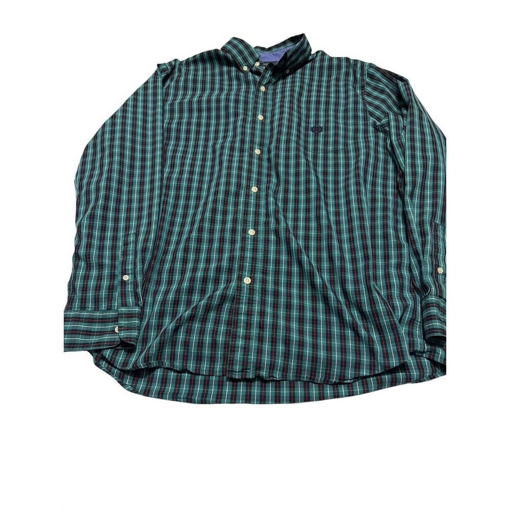 Chaps Mens XL Stretch Easy Care Plaid Button Down Shirt Green Navy Blue Long Slv